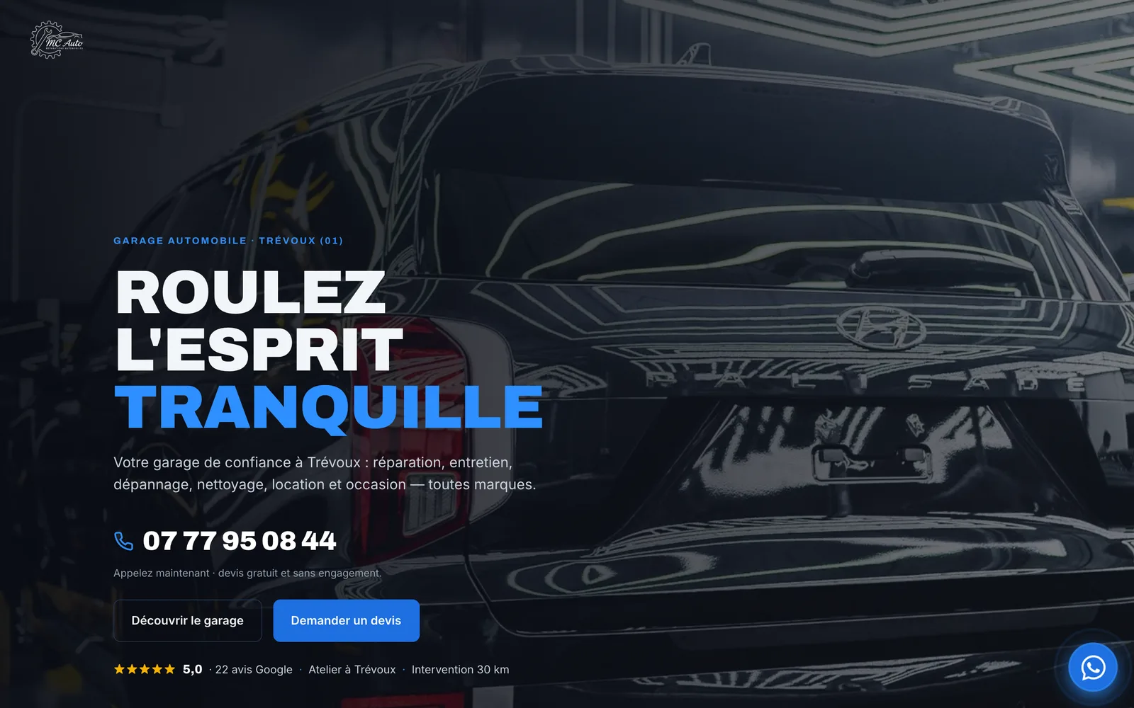 Page d'accueil du site de MC Auto, garage automobile à Trévoux dans l'Ain