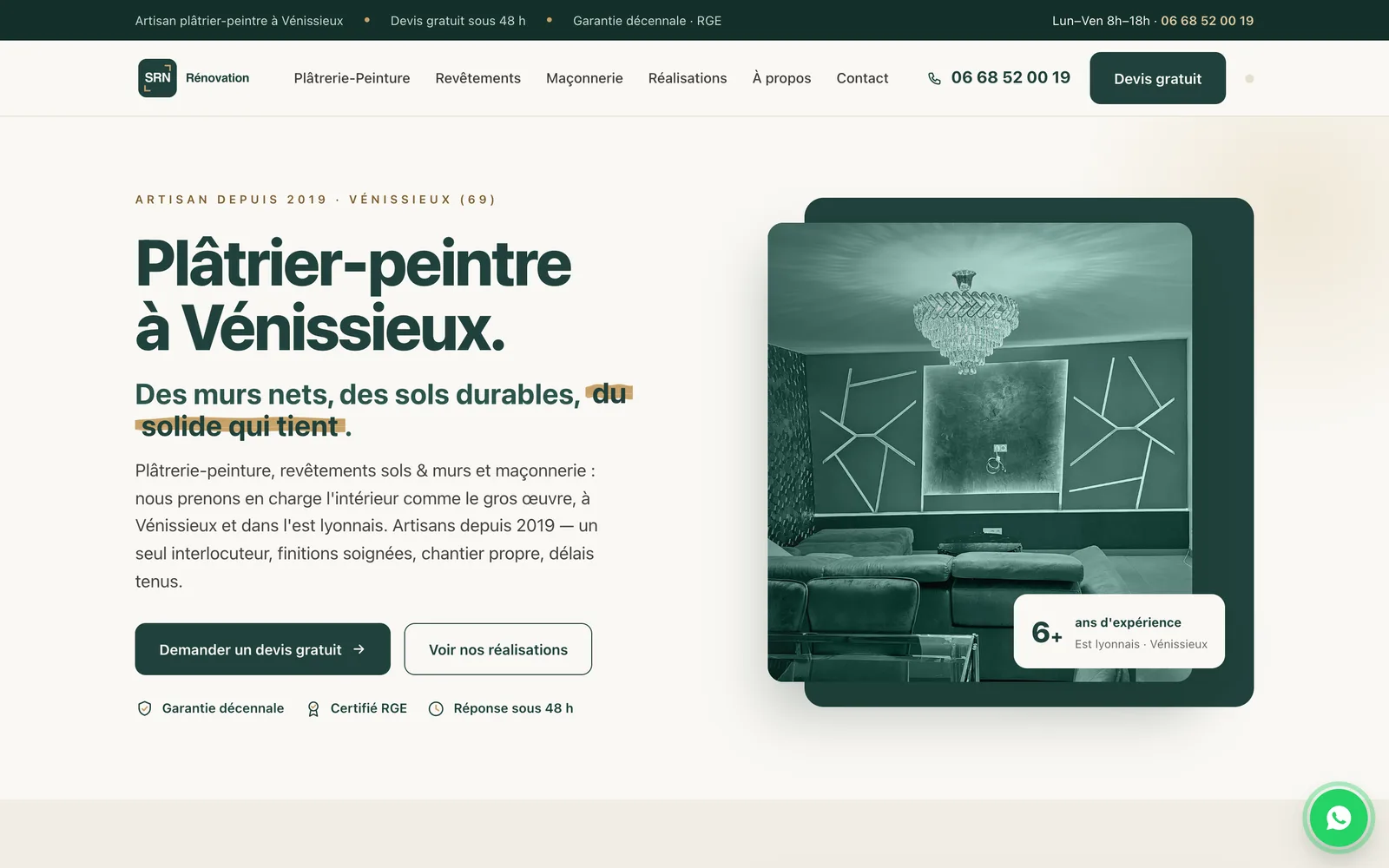 Page d'accueil du site de SRN Rénovation, artisan plâtrier-peintre à Vénissieux